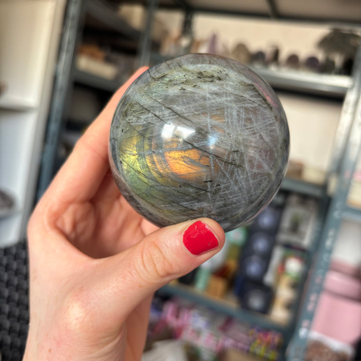 Grey Labradorite Crystal Sphere 696 Grams  – Flashy Polished Healing Stone