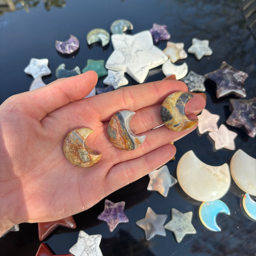 Crazy Lace Agate Half Moon Crystal Carving