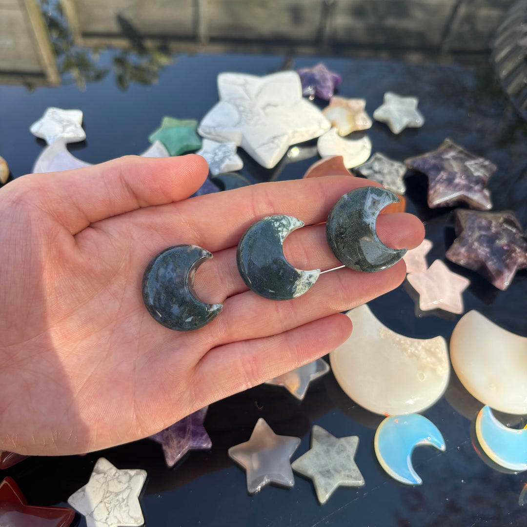 Moss Agate Half Moon Crystal Carving