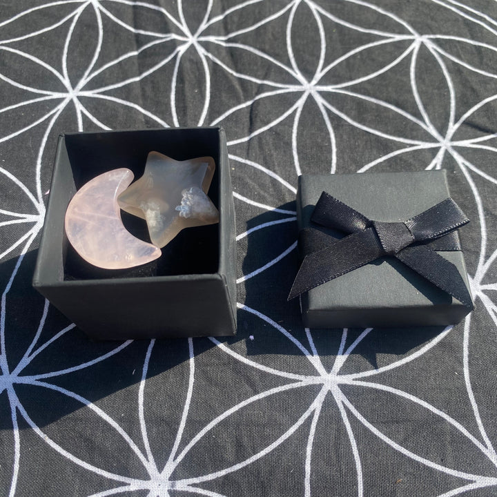 Rose Quartz Moon  &amp; Grey Agate Star Crystal Gift Set – Black Gift Box with Ribbon