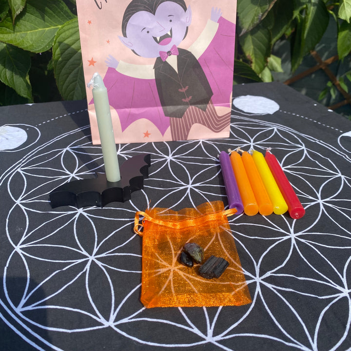 Halloween Crystals &amp; Candles Gift Pack – Bat Candle Holder &amp; Protective Energy