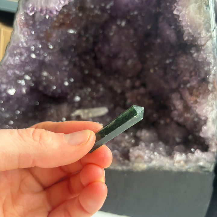 A hand holding a small green Tree Agate double-terminated Point.