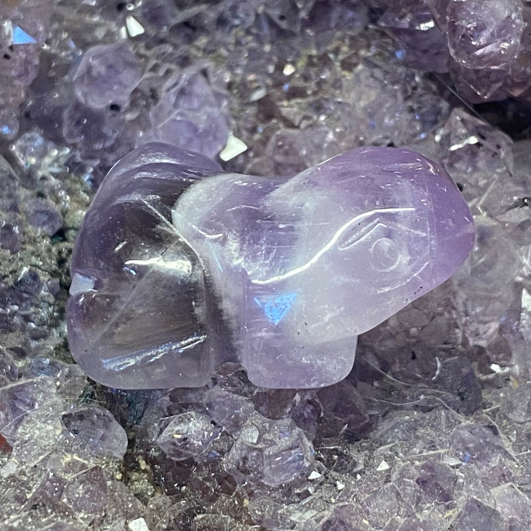A carved translucent purple Amethyst Frog Carving crystal resting on a bed of similar purple mineral crystals.