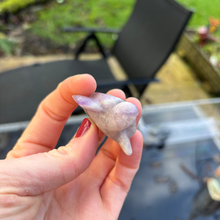 Hand holding a small Amethyst Turtle Crystal Carving with a blurred outdoor background