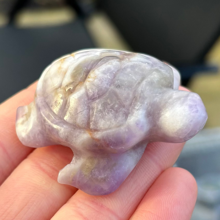 Hand holding a small purple Amethyst Turtle Crystal Carving with outdoor background