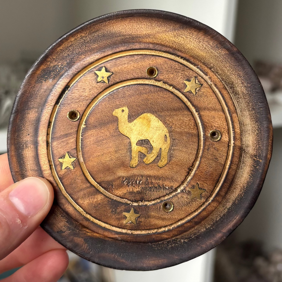 Wooden coaster with a camel design held by a hand in an indoor setting.