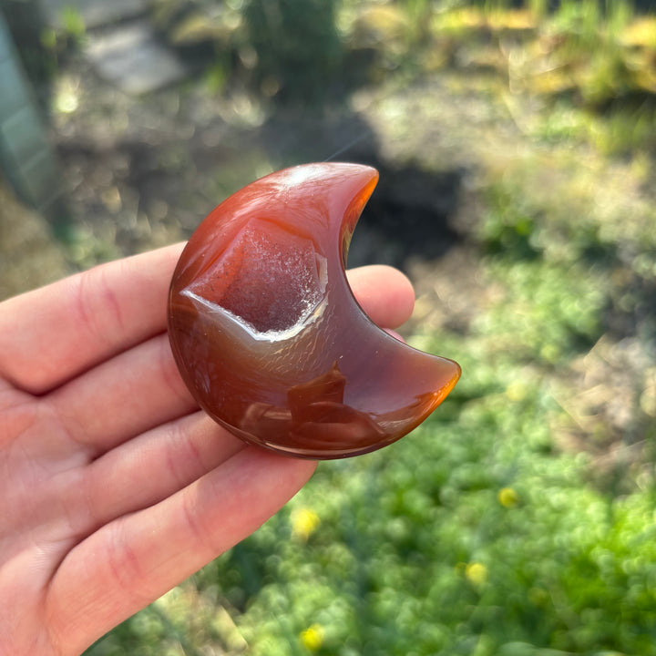 A hand holding a carved orange carnelian crystal shaped like a crescent moon against an outdoor backdrop.