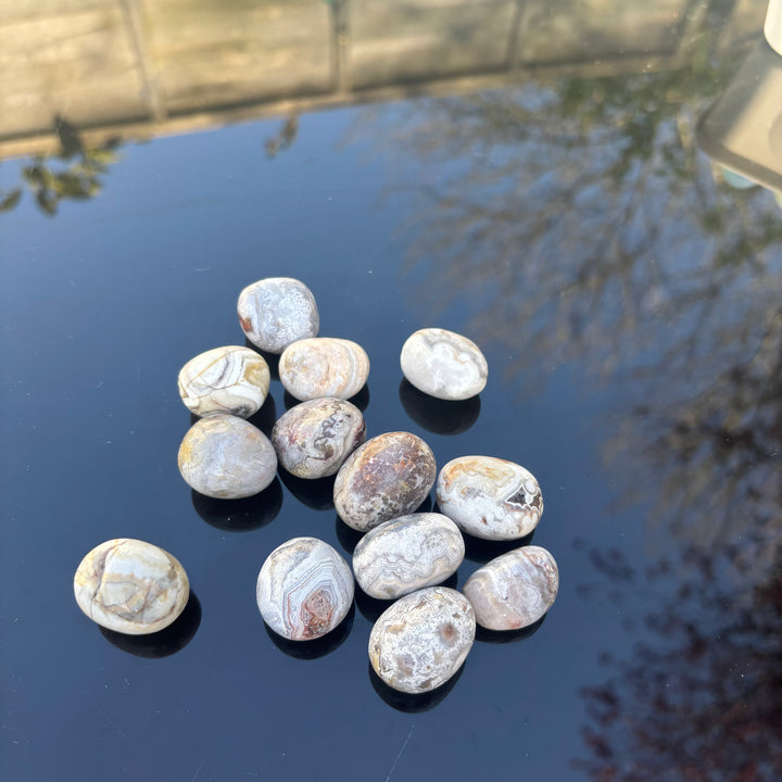 A collection of Crazy Lace Agate tumble stones arranged on a reflective surface.