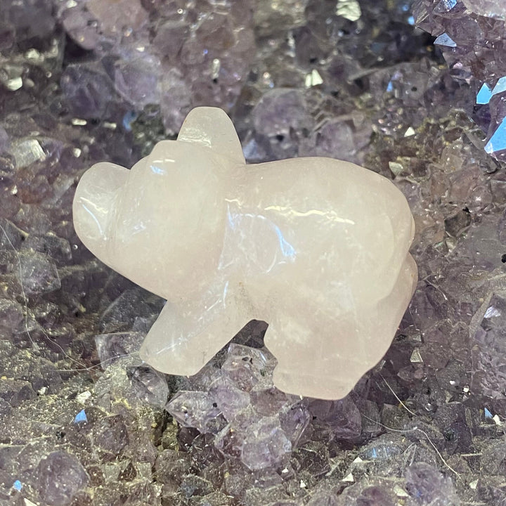 A small Rose Quartz Pig Carving resting on a bed of purple and iridescent crystal clusters.