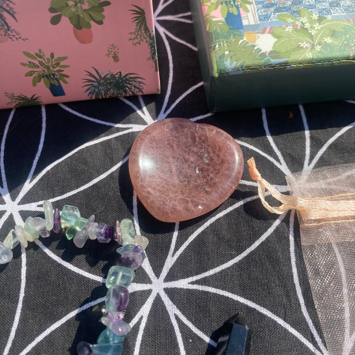 Crystal Gift Set – Fluorite Chip Bracelet, Mini Rhrodonite Point, Aventurine Hearts &amp; More in a Stylish Gift Box