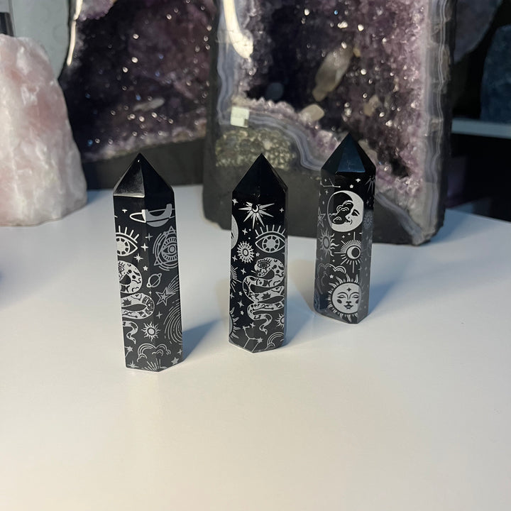 Black Obsidian Tower with Silver Carving