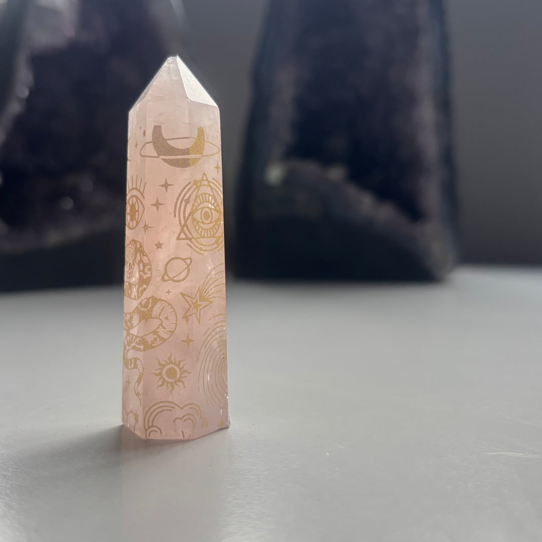 The Quirky Corner - Rose Quartz Tower with Gold Carving