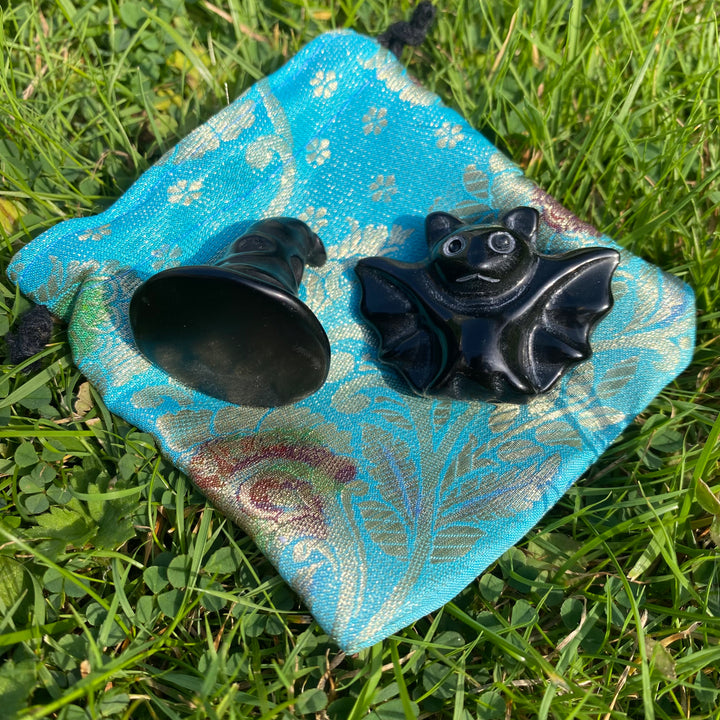 Black Obsidian Witch’s Hat & Bat Gift Set – Protective Crystal Duo