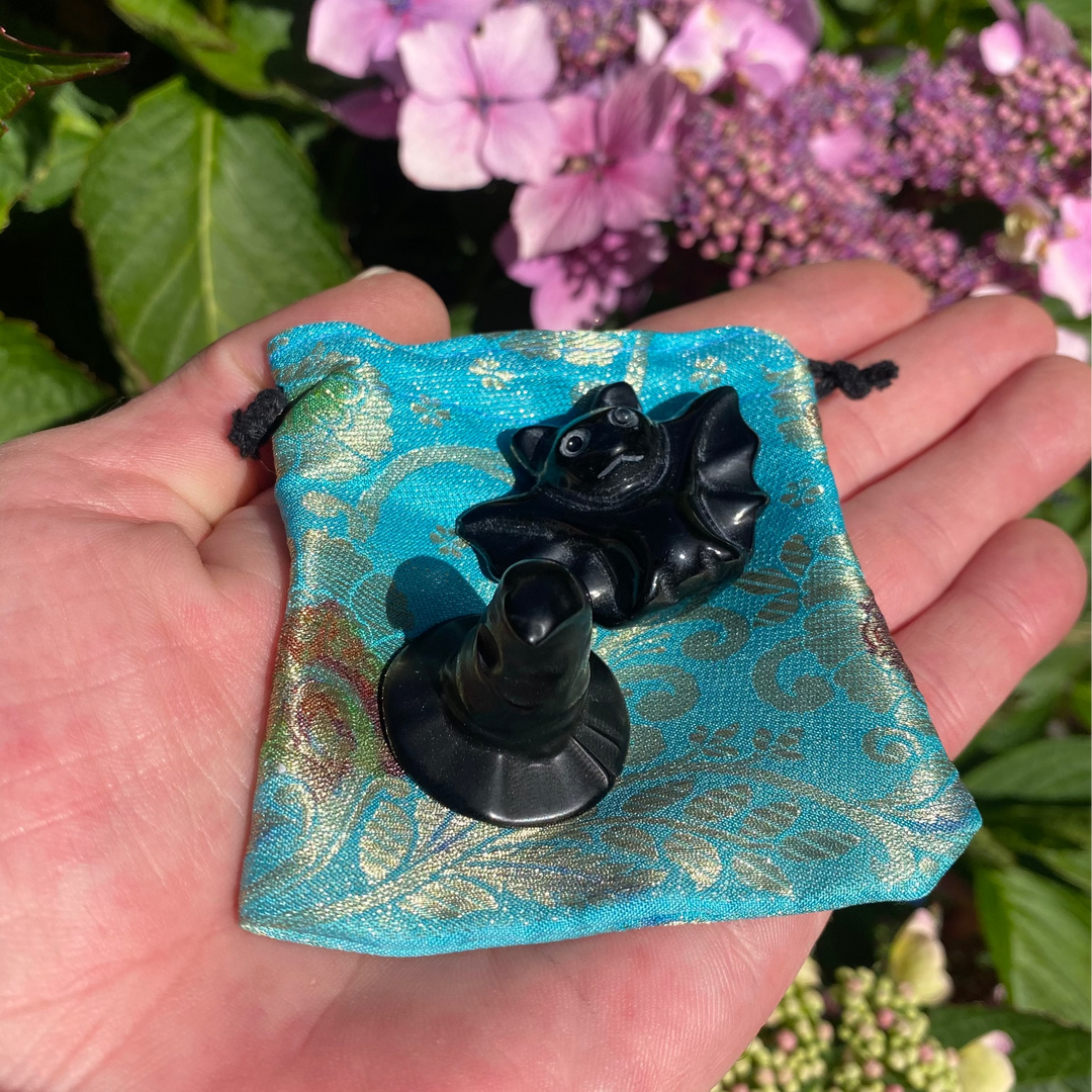 Black Obsidian Witch’s Hat & Bat Gift Set – Protective Crystal Duo