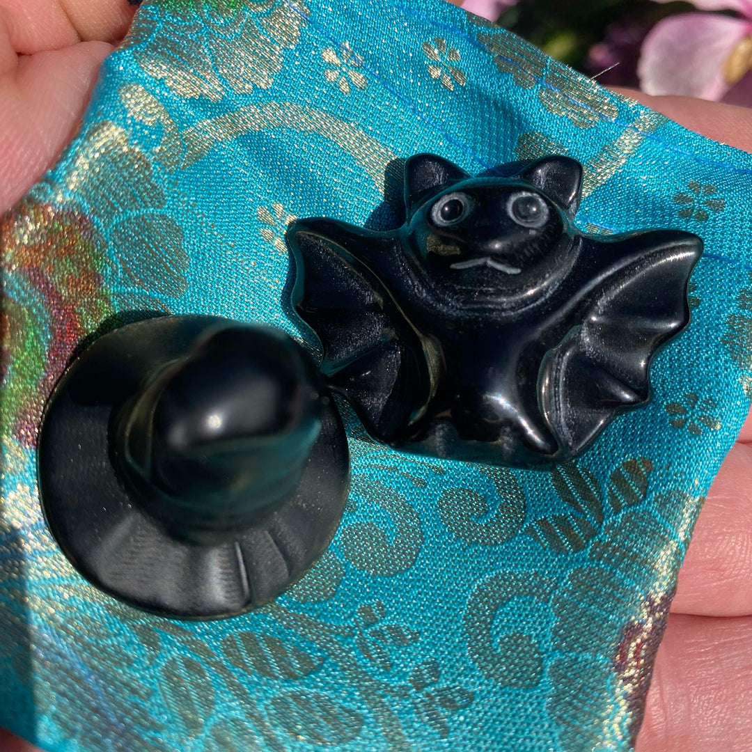 Black Obsidian Witch’s Hat & Bat Gift Set – Protective Crystal Duo