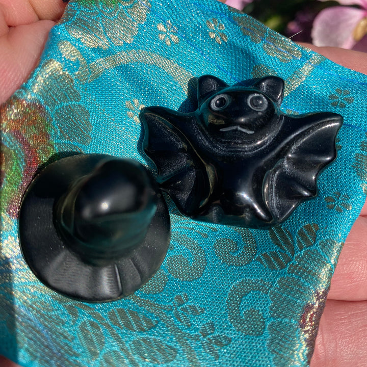 Black Obsidian Witch’s Hat & Bat Gift Set – Protective Crystal Duo