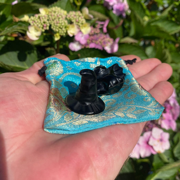 Black Obsidian Witch’s Hat & Bat Gift Set – Protective Crystal Duo