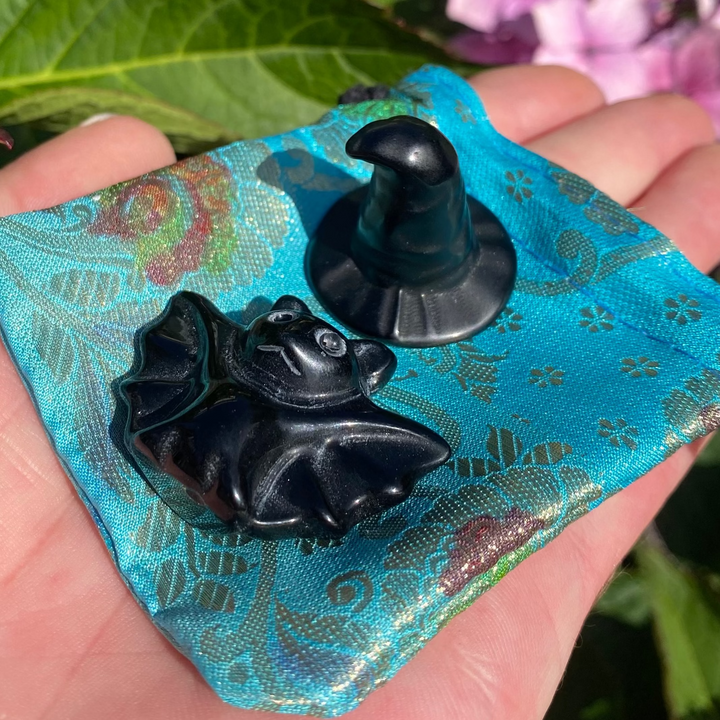 Black Obsidian Witch’s Hat & Bat Gift Set – Protective Crystal Duo