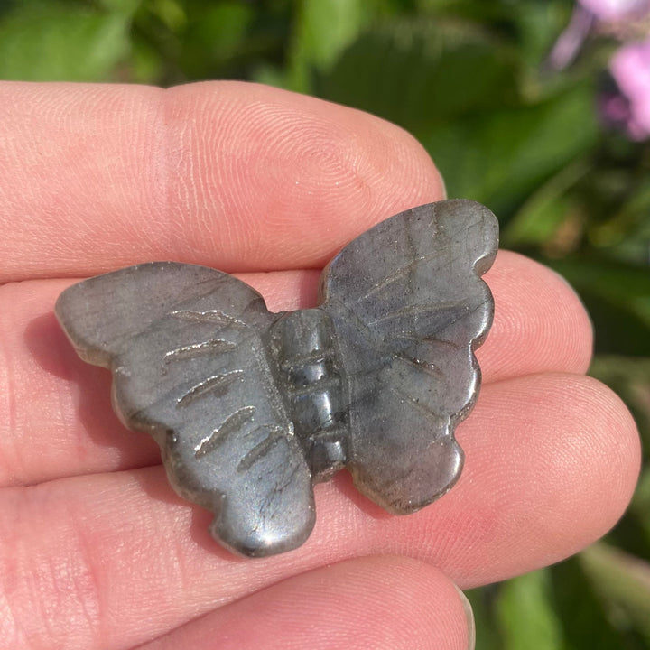 A hand holding a polished Labradorite Butterfly Carving with blurred green leaves and pink flowers in the background.