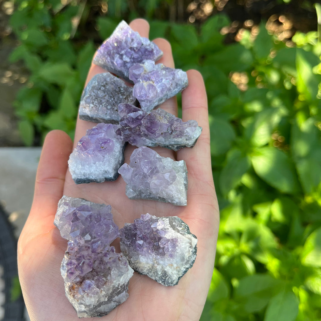 A hand holding some Mini Raw Amethyst Clusters in a bright sunny garden