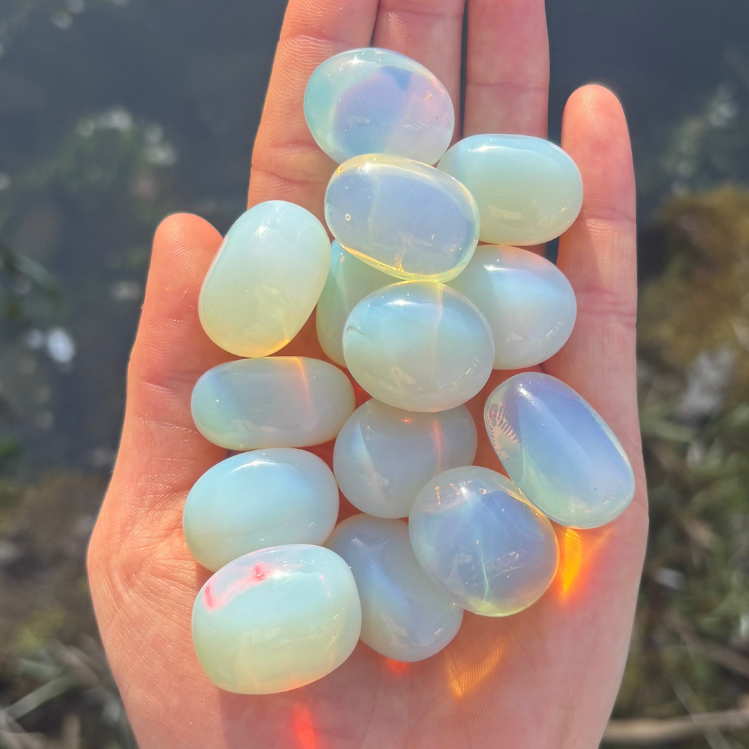 A hand holding a cluster of smooth, polished iridescent opal stones against an outdoor blurred background.