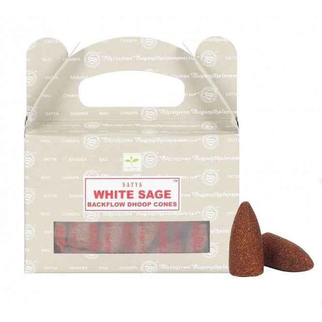 A box of Satya White Sage Backflow Dhoop Cones with a clear window showing the brown cone-shaped dhoop cones inside, and two loose brown dhoop cones displayed in front on a white background.