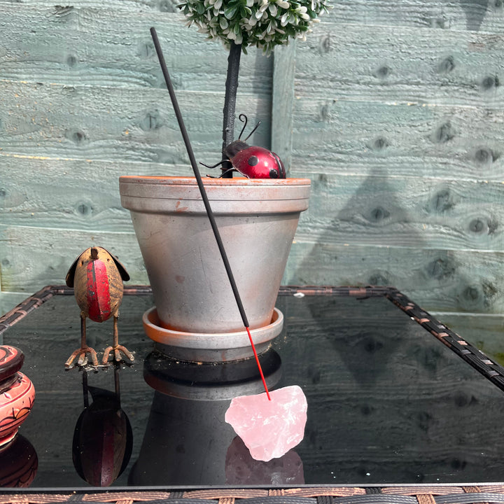 A raw rose quartz crystal incense stick holder placed on a glass surface with a reflection below. In the background, there is a potted plant and a decorative item.