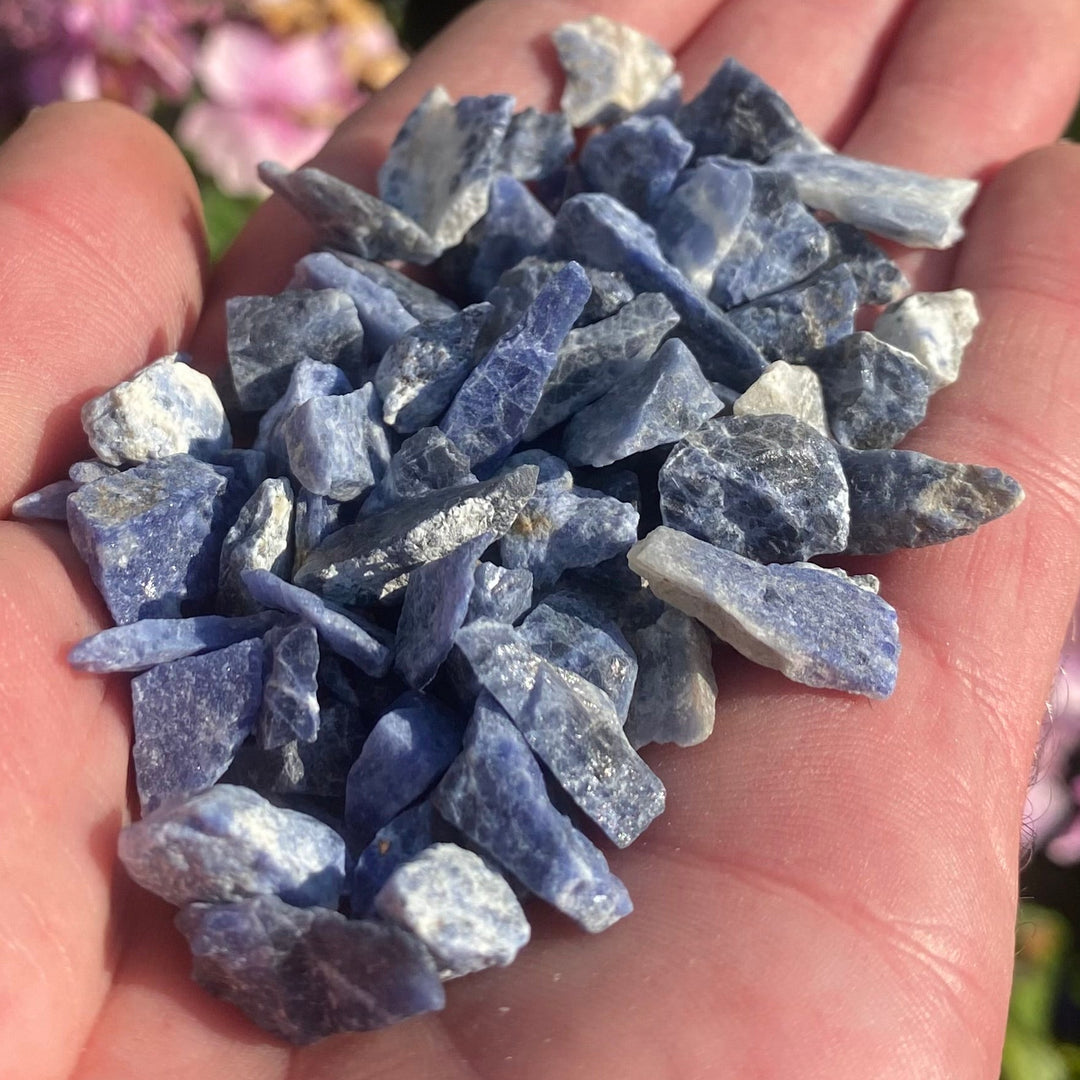 A hand holding a pile of raw, rough blue sodalite crystals, with a blurred background of green leaves and pink flowers.