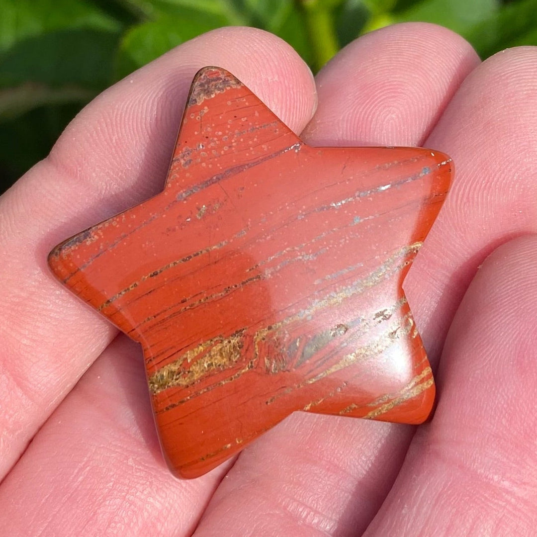 A star-shaped polished Red Jasper Star Crystal Carving in orange-red with natural banding, held in a person's hand against a background of green leaves.
