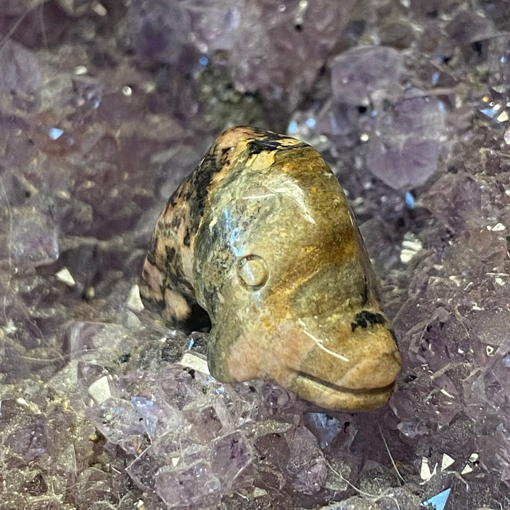 A small carved crystal dolphin placed on a bed of purple crystal points.