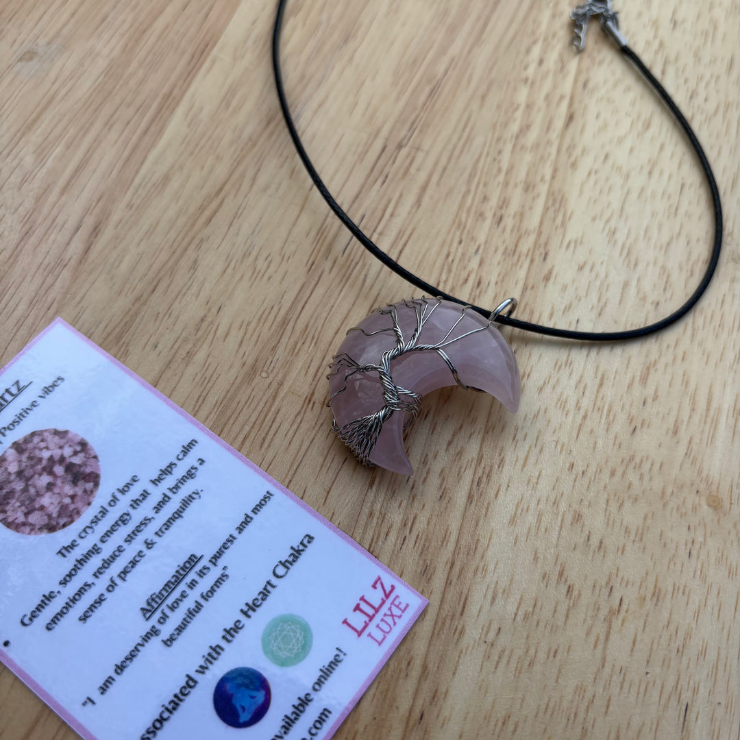 Rose Quartz Moon Wire Wrapped Necklace
