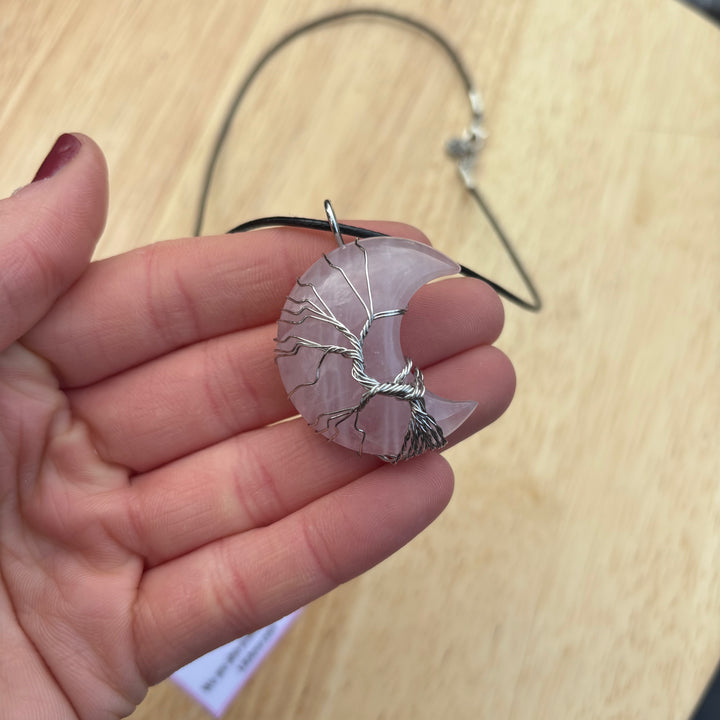 Rose Quartz Moon Wire Wrapped Necklace