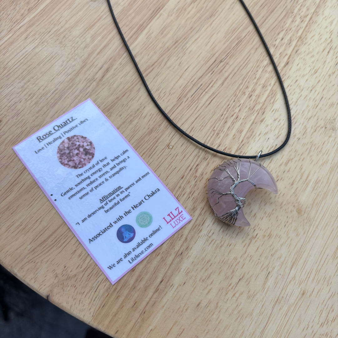 Rose Quartz Moon Wire Wrapped Necklace