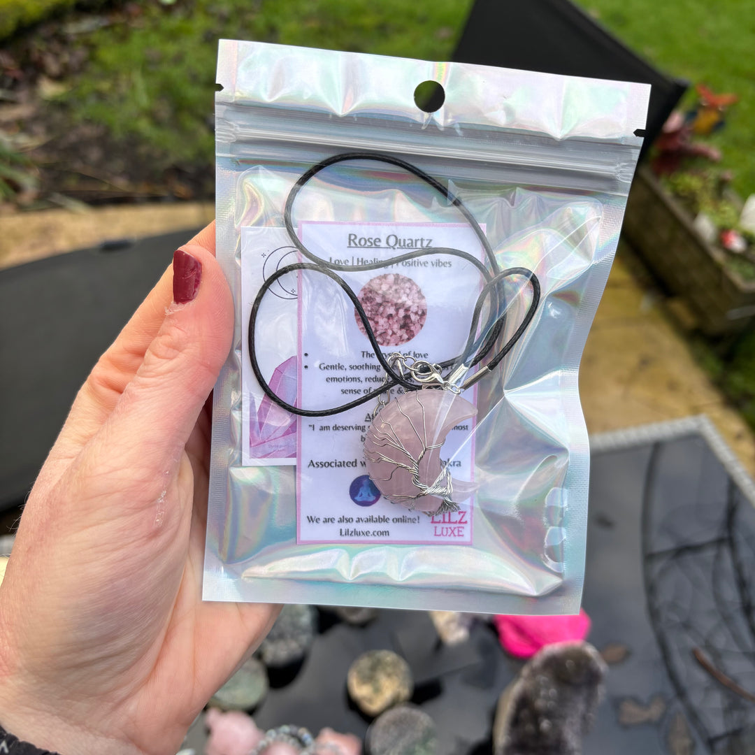 Rose Quartz Moon Wire Wrapped Necklace