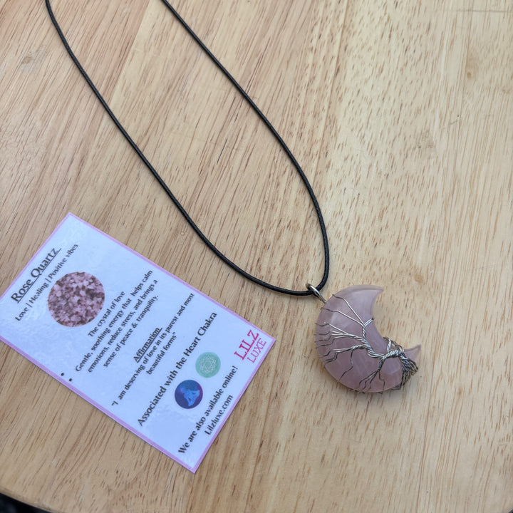 Rose Quartz Moon Wire Wrapped Necklace