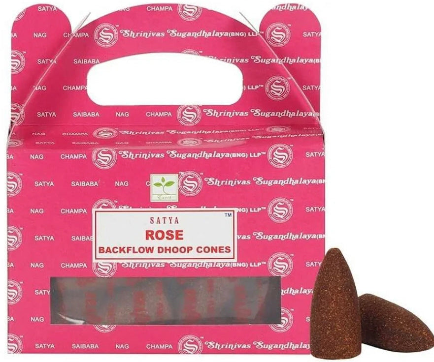 Pink Satya Rose Backflow Dhoop Cones packaging box with a handle, shown alongside two brown conical dhoop cones on a white background.