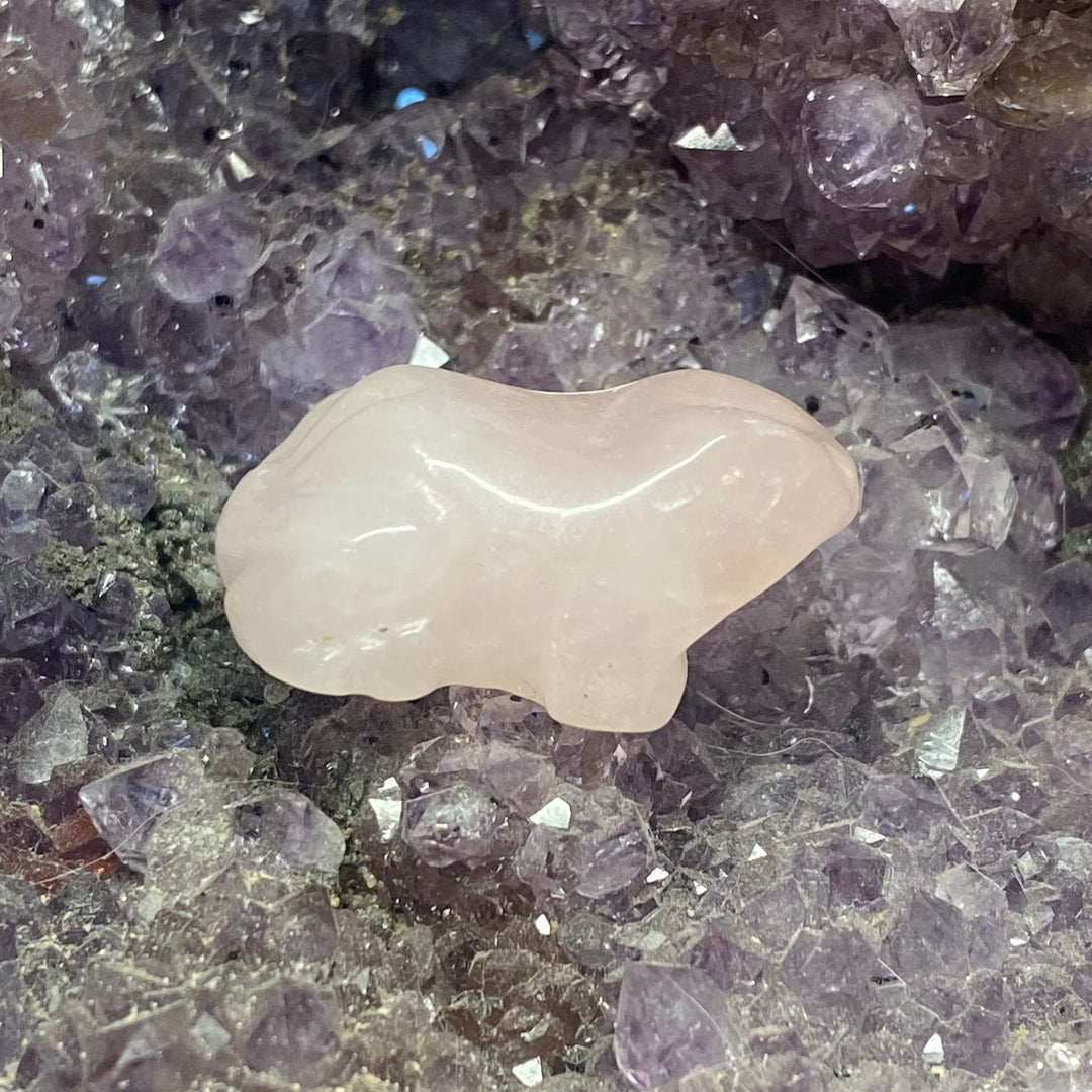 A small polished Rose Quartz Frog Carving placed on a purple crystal cluster.