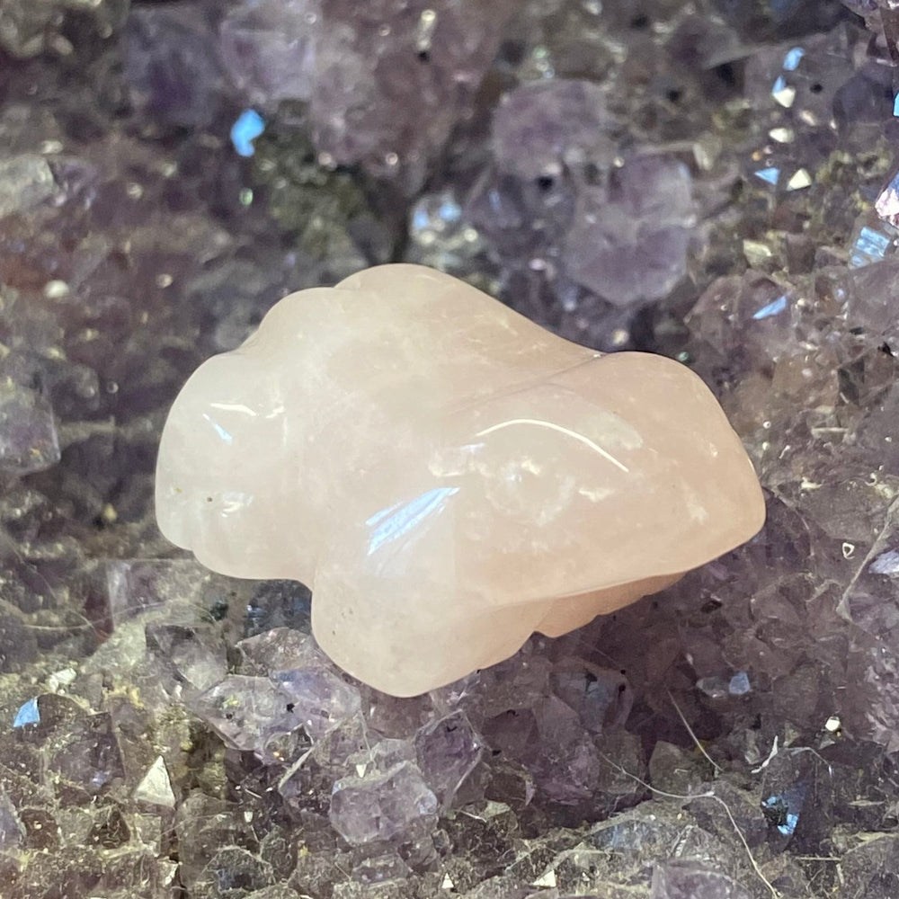 A small Rose Quartz Frog Carving, resting on a bed of purple crystal points.