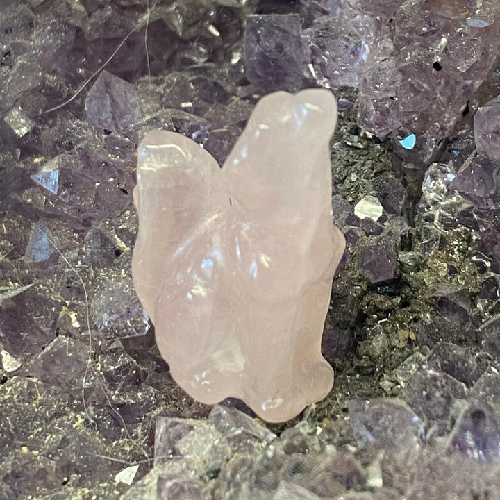 A small pale pink Rose Quartz Wolf Carvingmade of crystal resting on a bed of darker purple and gray crystalline material.