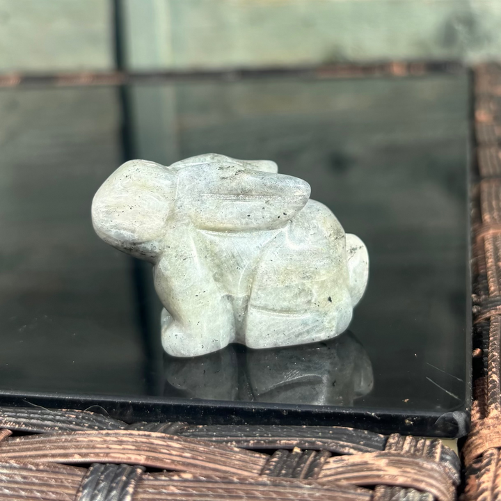 A labradorite carving of a sitting down rabbit placed on a glass surface with a wicker table edge in the background.