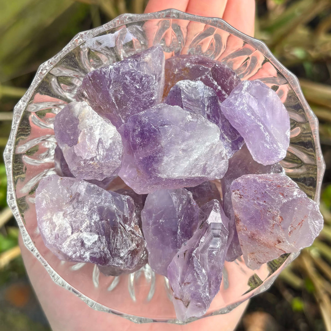 Hand holding a glass bowl filled with purple crystals against a natural background