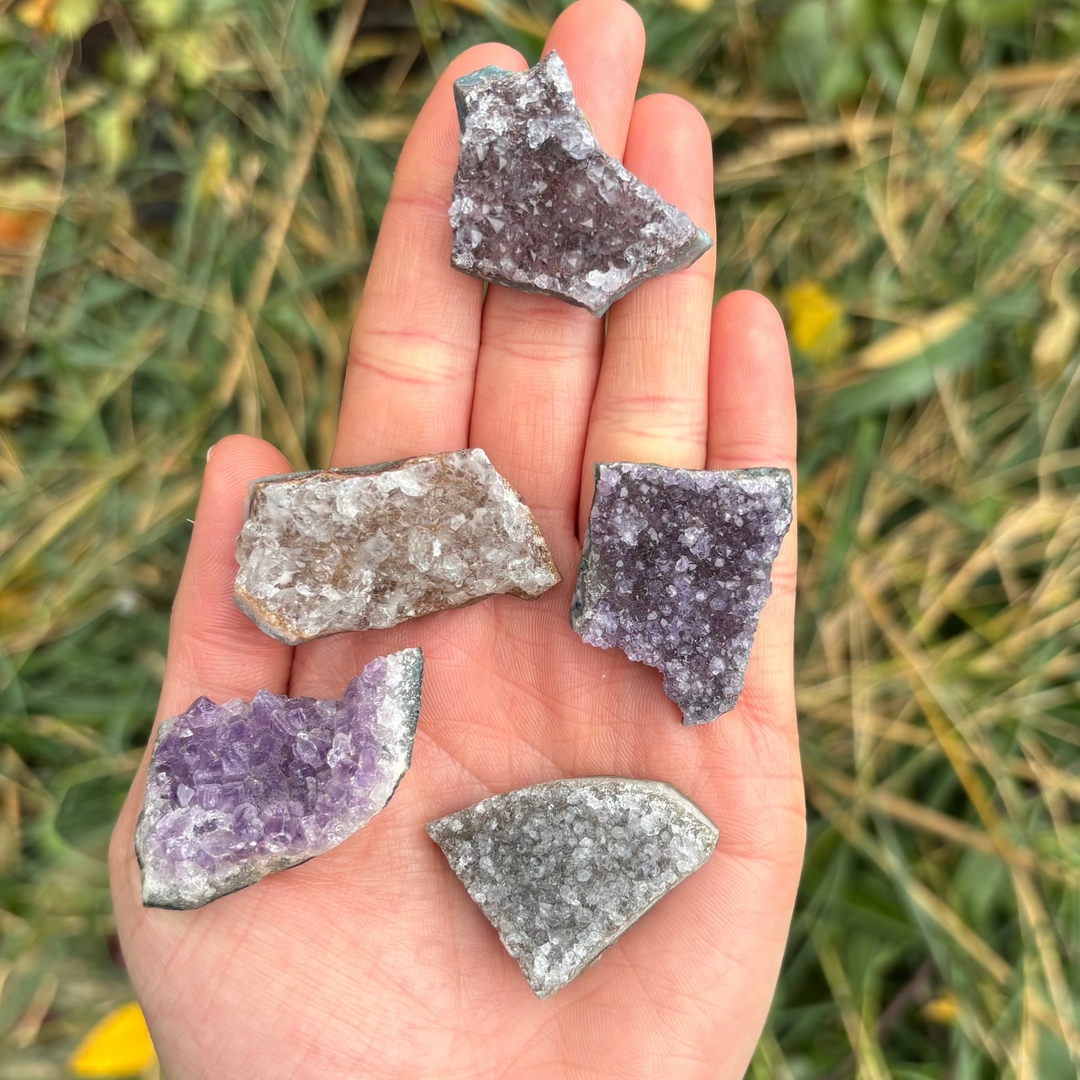 A hand holding five raw amethyst cluster fridge magnets outdoors, showing their natural purple and grey crystalline textures.