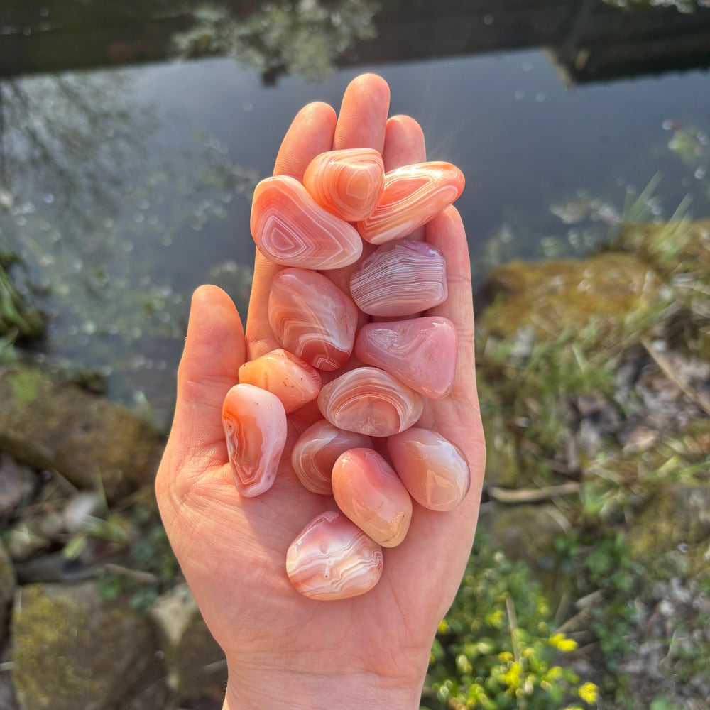 A hand holding a collection of tumbled peach-coloured agate stones outdoors from a distance, illustrating the compact, pocket-sized scale of the polished crystal specimens.
