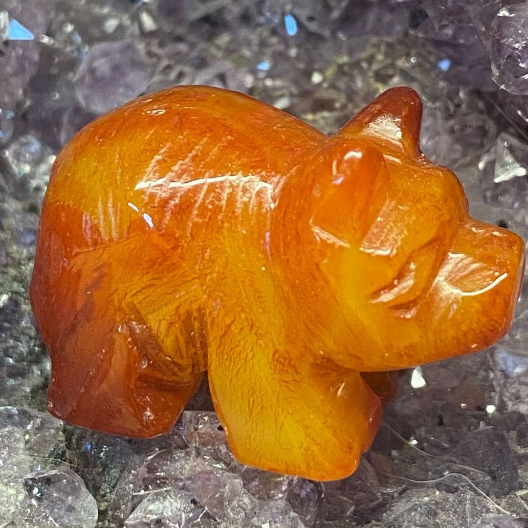 A close-up view of a hand-carved carnelian pig crystal, displaying its vibrant orange-red shading and rich, polished texture. The 3cm miniature animal companion rests on a texturised bed of deep purple amethyst druzy, radiating warmth, creative motivation, and vital sacral chakra energy.
