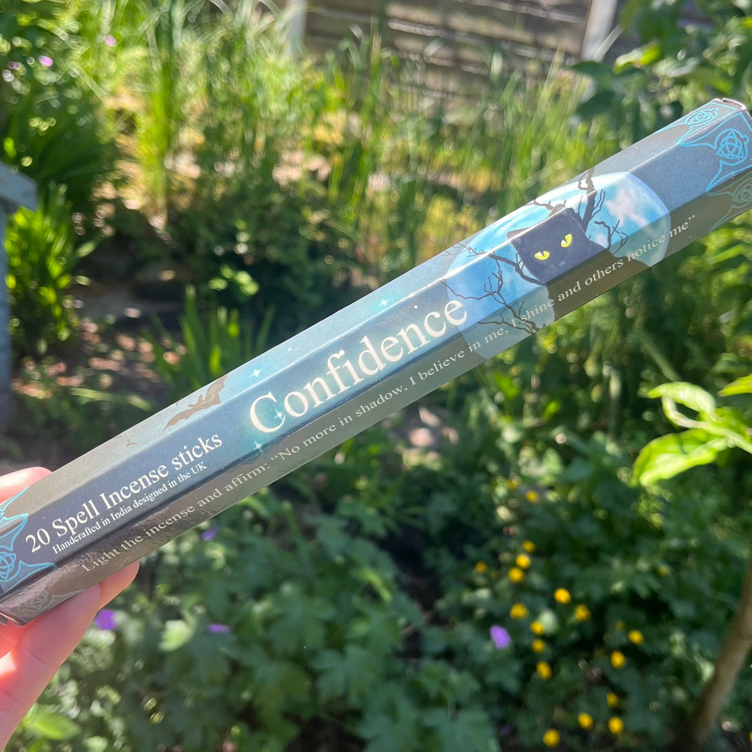 A hand holding a single pack of Elements Confidence Spell incense sticks outdoors, showing the dark, mystical black packaging featuring artwork by Lisa Parker against a lush background of sunlit garden foliage to promote self-belief.