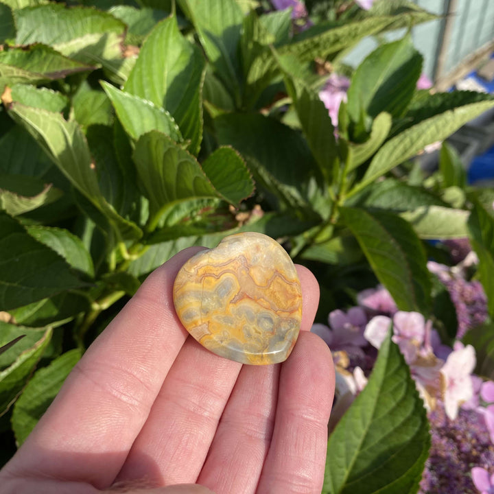 An open palm cradling the crazy lace agate pocket gemstone vertically outdoors, highlighting its comforting curves and smooth texture. The natural gold and grey tones capture the light, creating a cosy sanctuary focus ideal for daily mindfulness and releasing worries.
