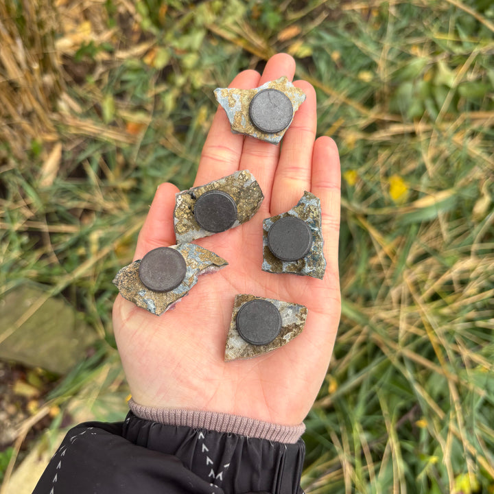 A hand showing the flip side of five amethyst crystals to highlight the round silver magnets attached firmly to their backings.