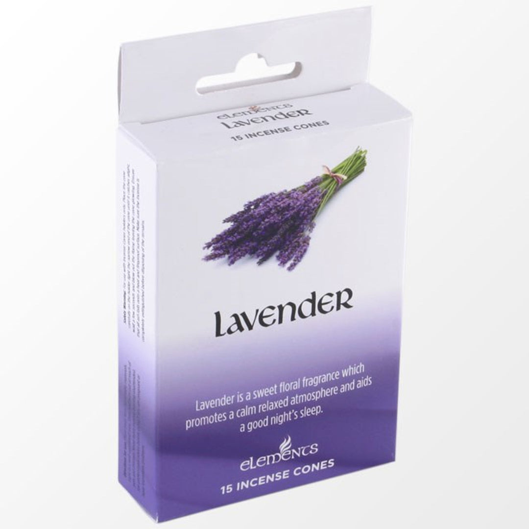 A single 15-pack box of Elements Lavender incense cones styled against a white background, featuring white and purple ombré packaging with a lavender sprig graphic, ideal for home scent cleansing rituals and Third Eye Chakra alignment.
