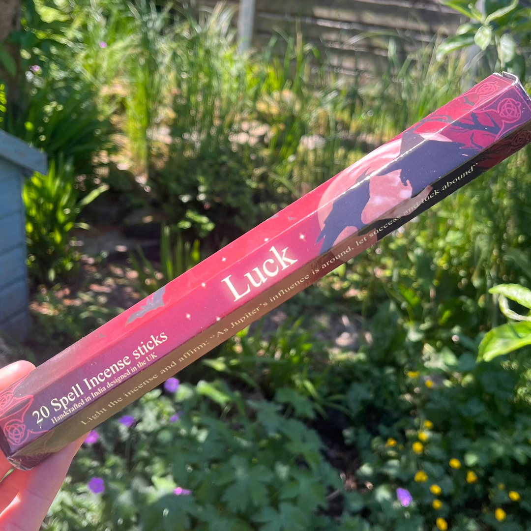 A hand holding a rich burgundy and brown hexagonal pack of Elements Luck Spell incense sticks outdoors, featuring mystical illustrations by artist Lisa Parker against a lush background of green garden foliage to invite fortune into the home.