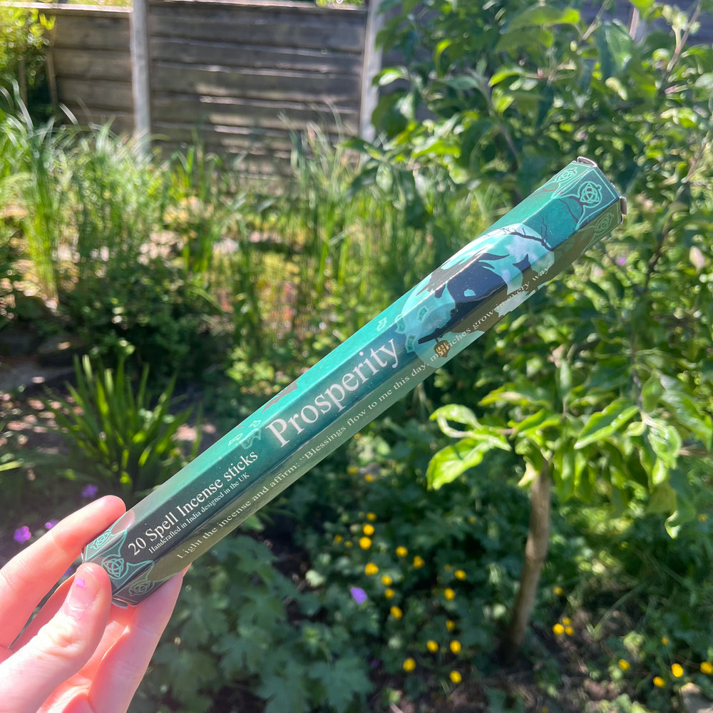 A hand holding the thin hexagonal pack of green prosperity spell incense sticks at a distance, showcasing the sweet jasmine floral fragrance companion styled against sunlit garden greenery to welcome a comforting wave of abundance and positive energy into the home.